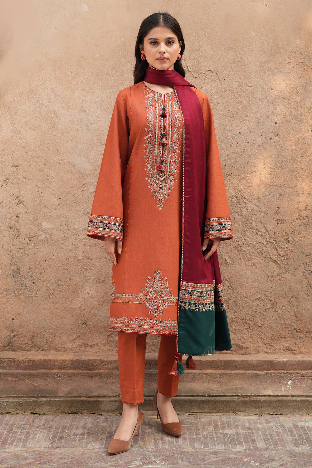 JAZMIN-3PC DHANAK EMBROIDERED SHIRT WITH COURTRAI PRINTED SHAWL AND TROUSER-BIC-4244