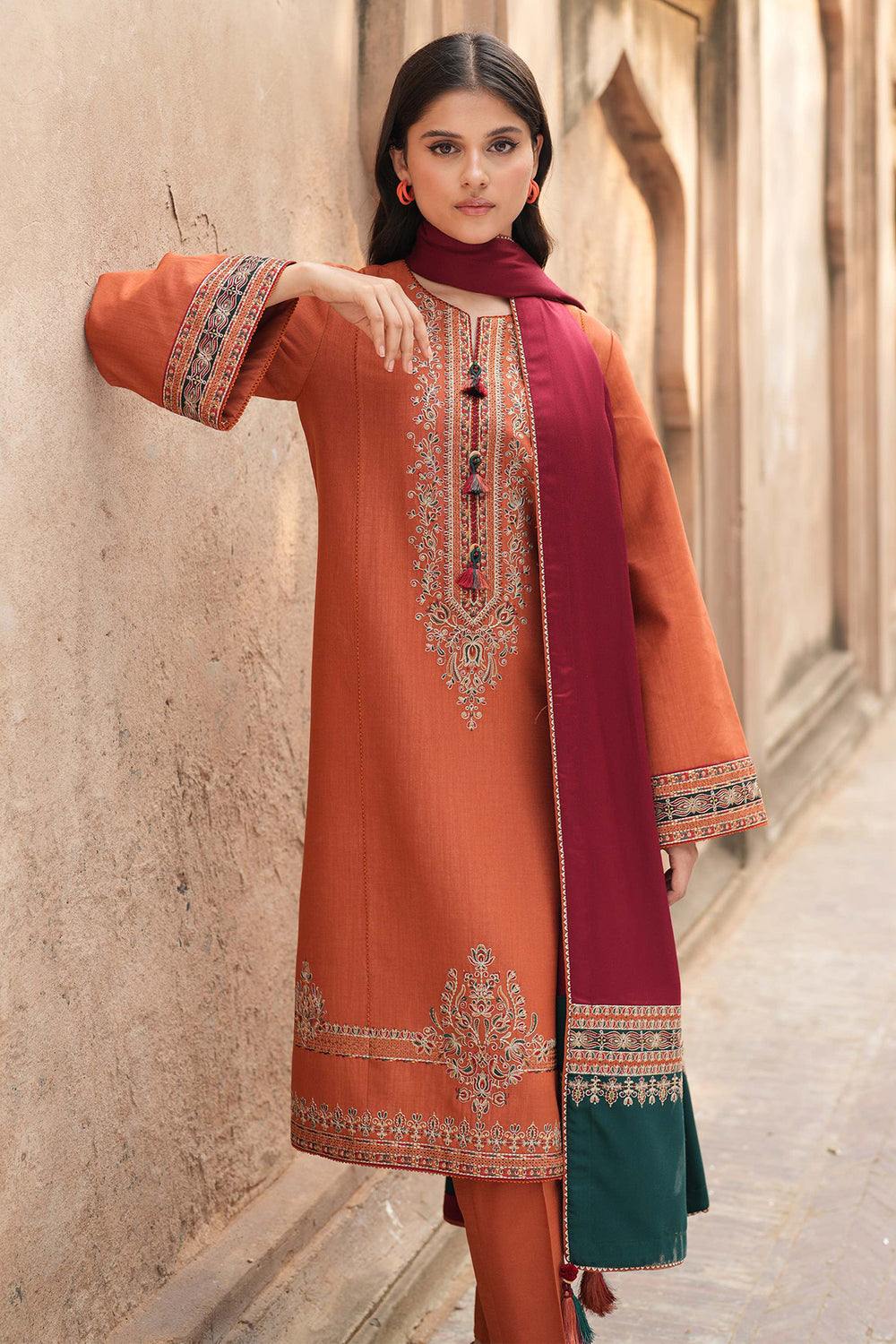 JAZMIN-3PC DHANAK EMBROIDERED SHIRT WITH COURTRAI PRINTED SHAWL AND TROUSER-BIC-4244