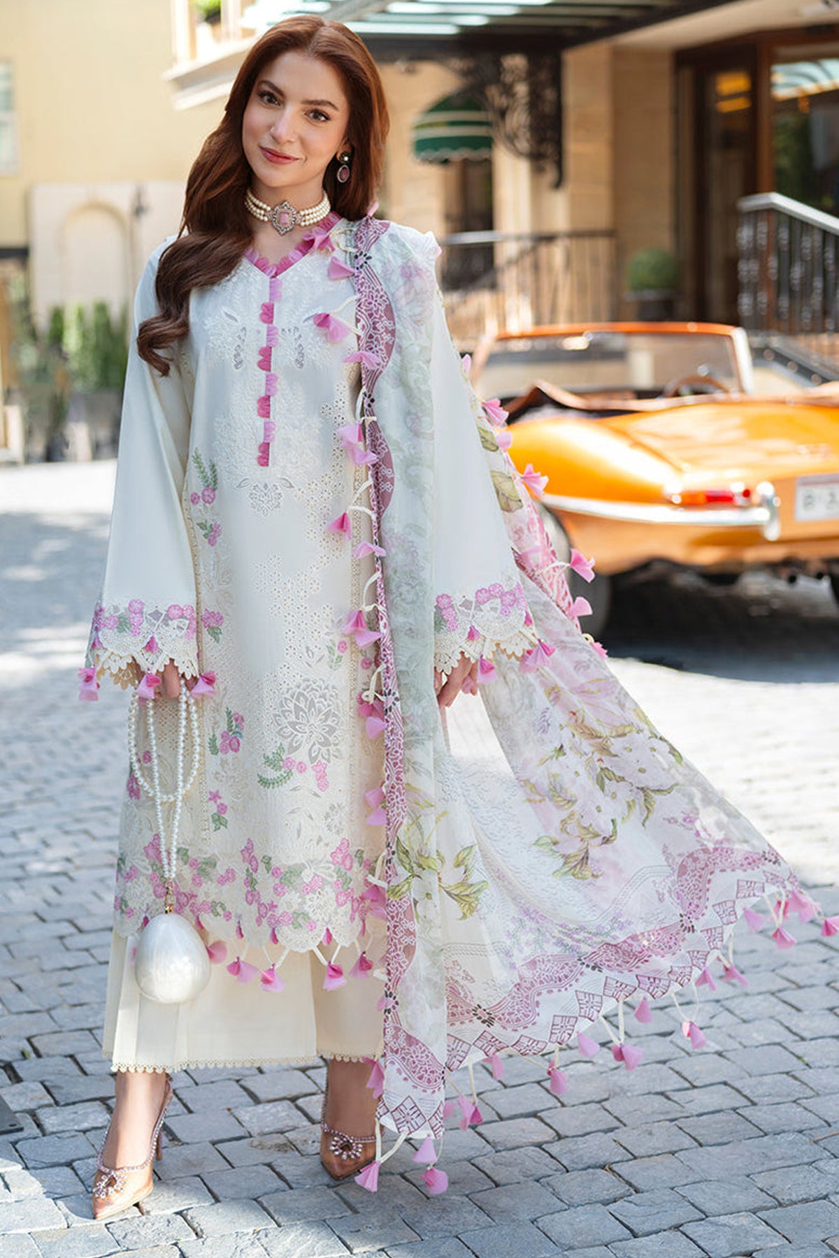 JADE-3PC LAWN CHIKEAANKARI EMBROIDERED SHIRT WITH CHIFOON PRINTED DUPATTA AND TROUSER-BIC-4764