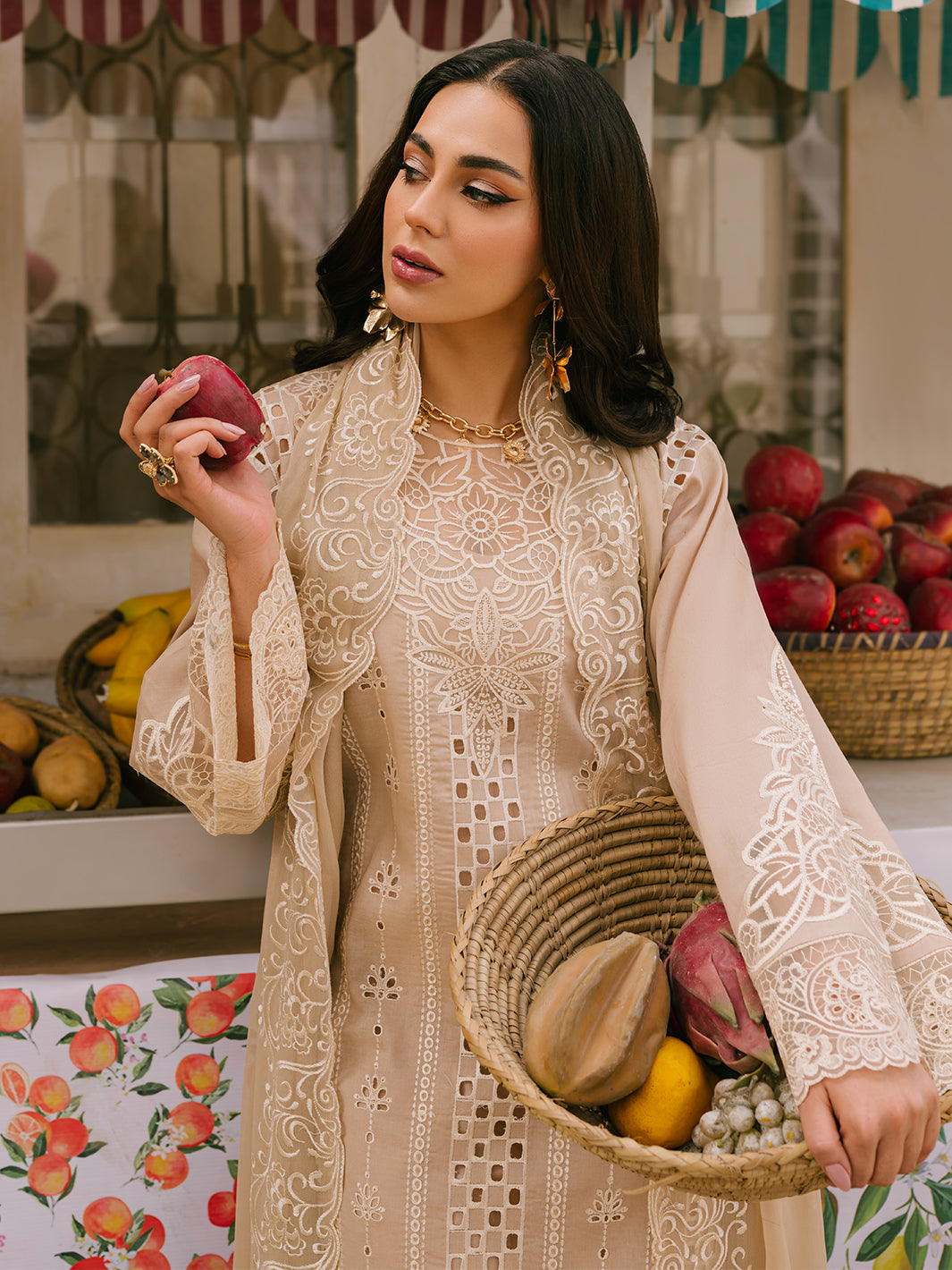 MAHNUR-3PC LAWN CHIKAANKARI EMBROIDERED SHIRT WITH KHADDI NET EMB DUPATTA AND TROUSER -BIC-4703