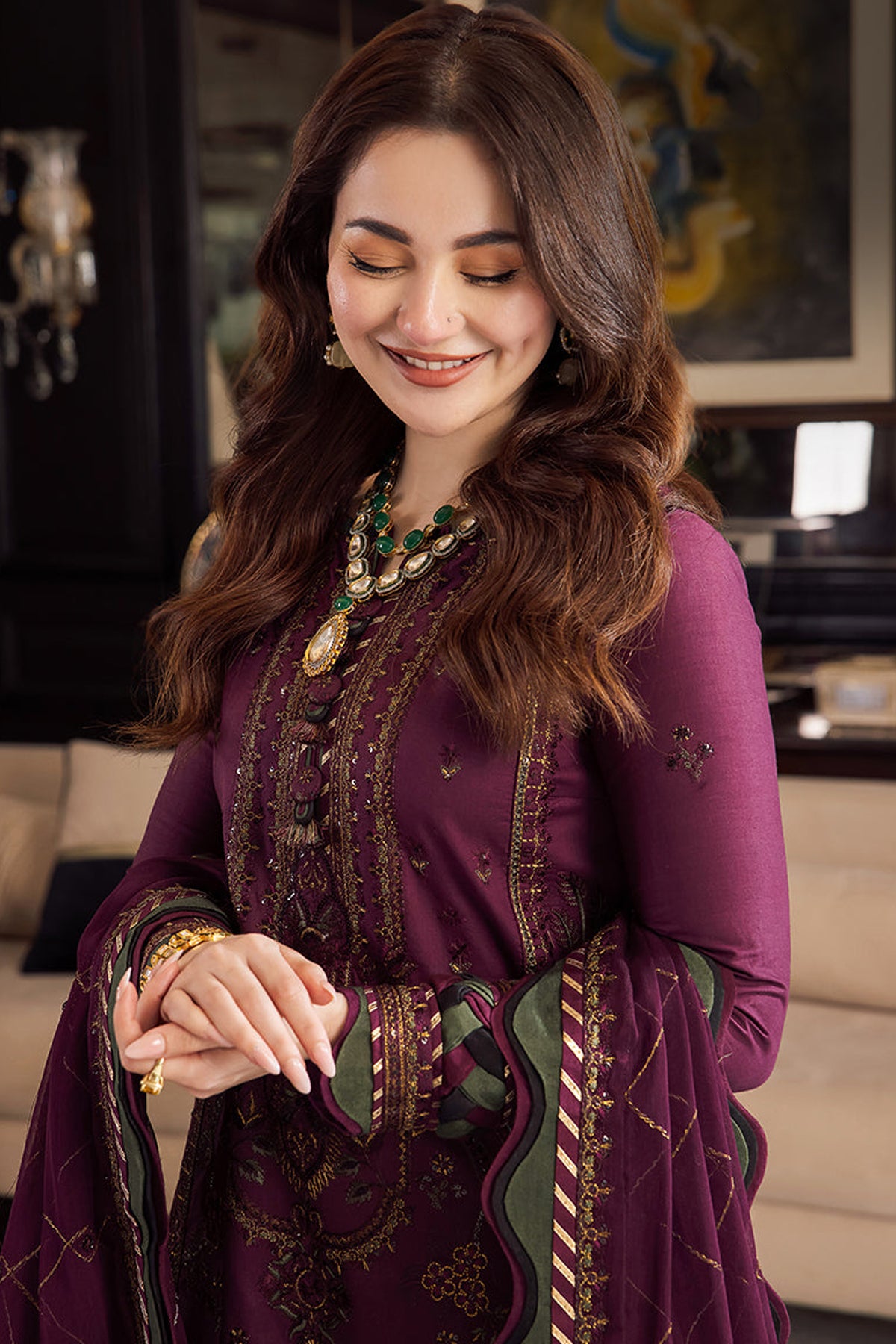 ASIM JOFA-3PC DHANAK EMBROIDERED SHIRT WITH DHANAK EMBROIDERED SHAWL & DHANAK TOUSER-BIC-4291