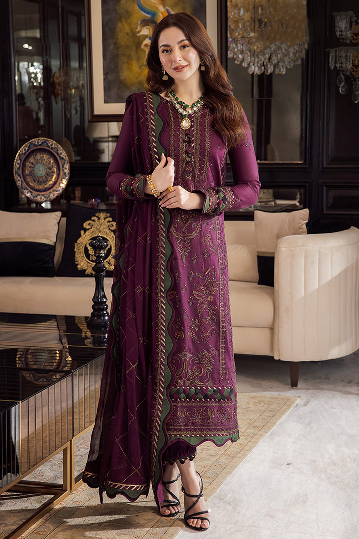 ASIM JOFA-3PC DHANAK EMBROIDERED SHIRT WITH DHANAK EMBROIDERED SHAWL & DHANAK TOUSER-BIC-4291