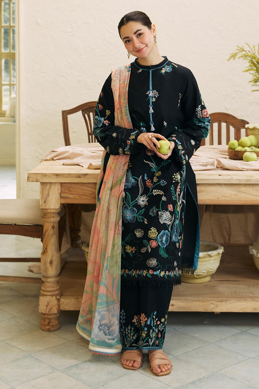 ZARASHAHJAHAN- 3PC DHANAK EMBROIDERED SHIRT WITH COUTRAI WOOL PRINT SHAWL AND EMB TROUSER-BIC-3214