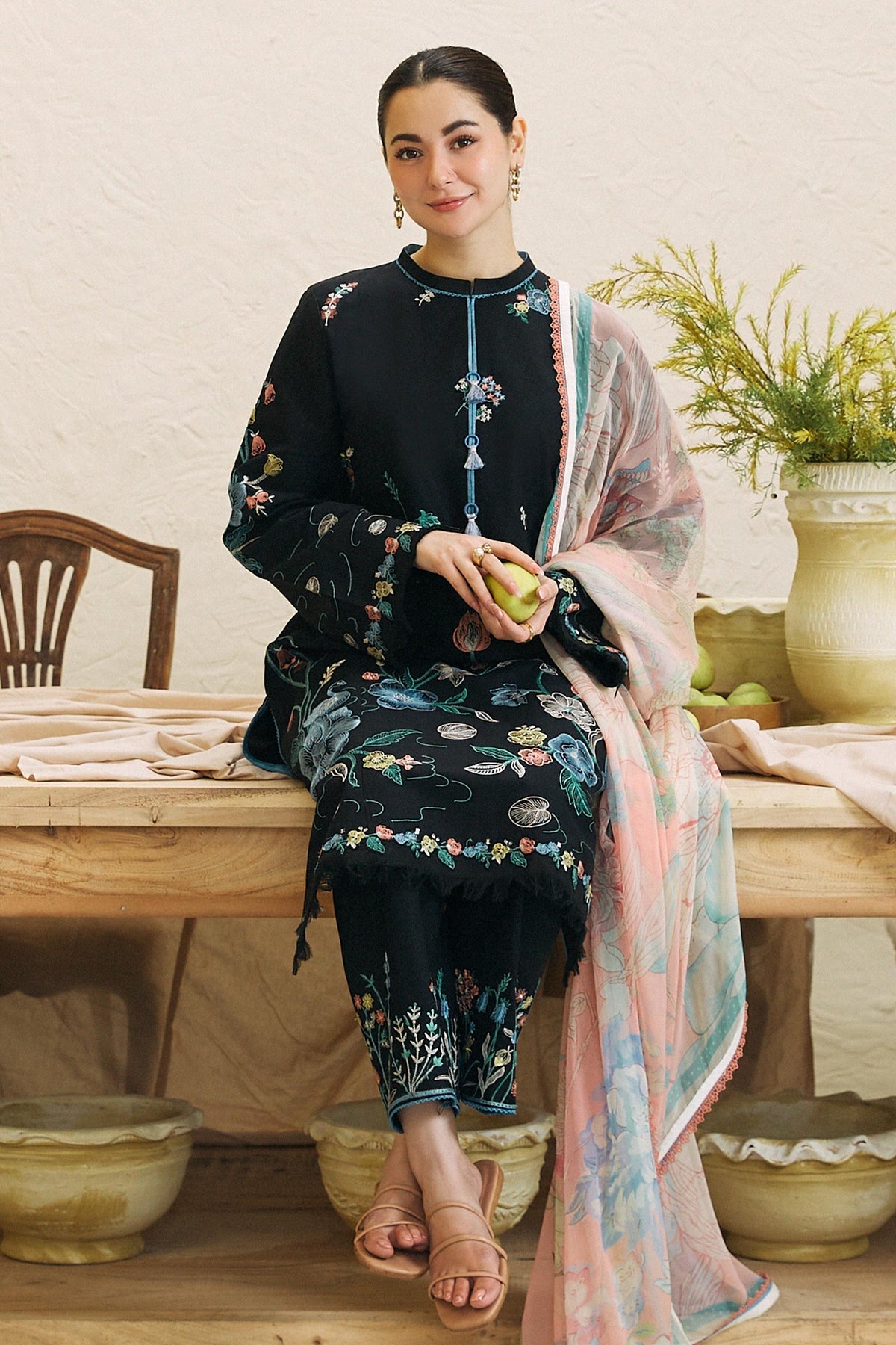 ZARASHAHJAHAN- 3PC DHANAK EMBROIDERED SHIRT WITH COUTRAI WOOL PRINT SHAWL AND EMB TROUSER-BIC-3214