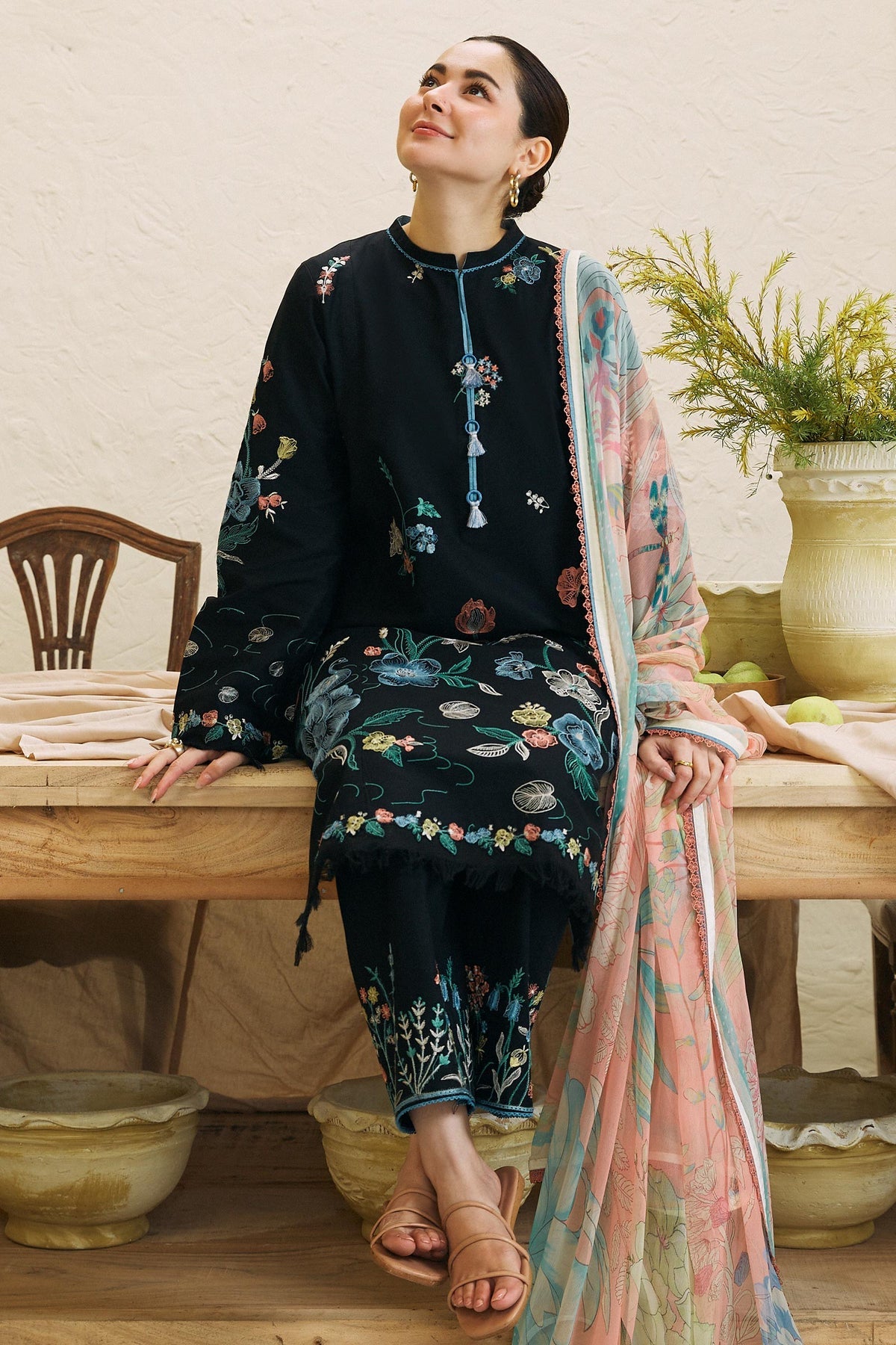 ZARASHAHJAHAN- 3PC DHANAK EMBROIDERED SHIRT WITH COUTRAI WOOL PRINT SHAWL AND EMB TROUSER-BIC-3214