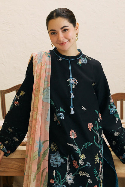 ZARASHAHJAHAN- 3PC DHANAK EMBROIDERED SHIRT WITH COUTRAI WOOL PRINT SHAWL AND EMB TROUSER-BIC-3214