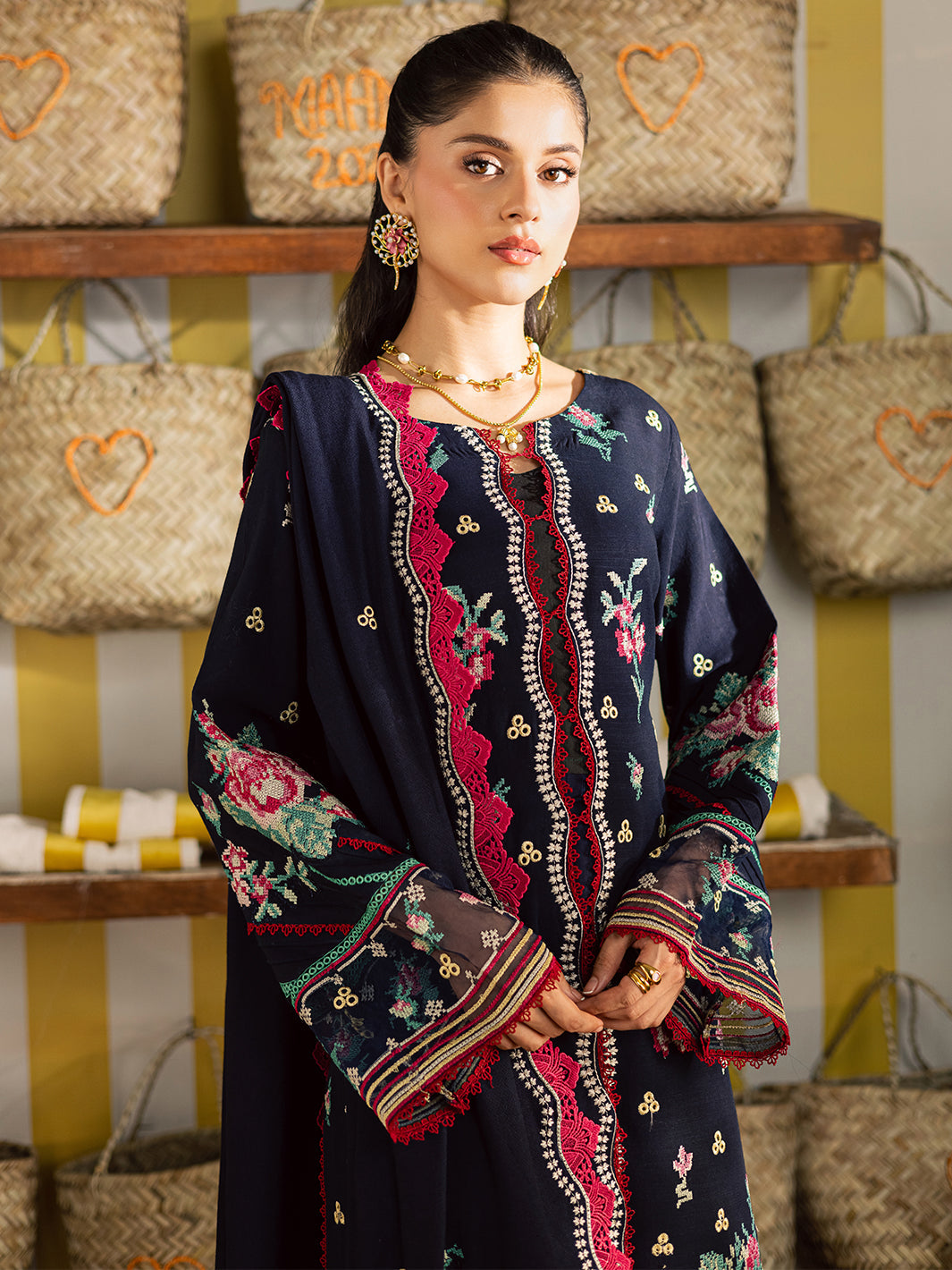 MAHNUR-3PC DHANAK EMBROIDERED SHIRT WITH DHANAK EMBROIDERED SHAWL AND EMB TROUSER-BIC-5231