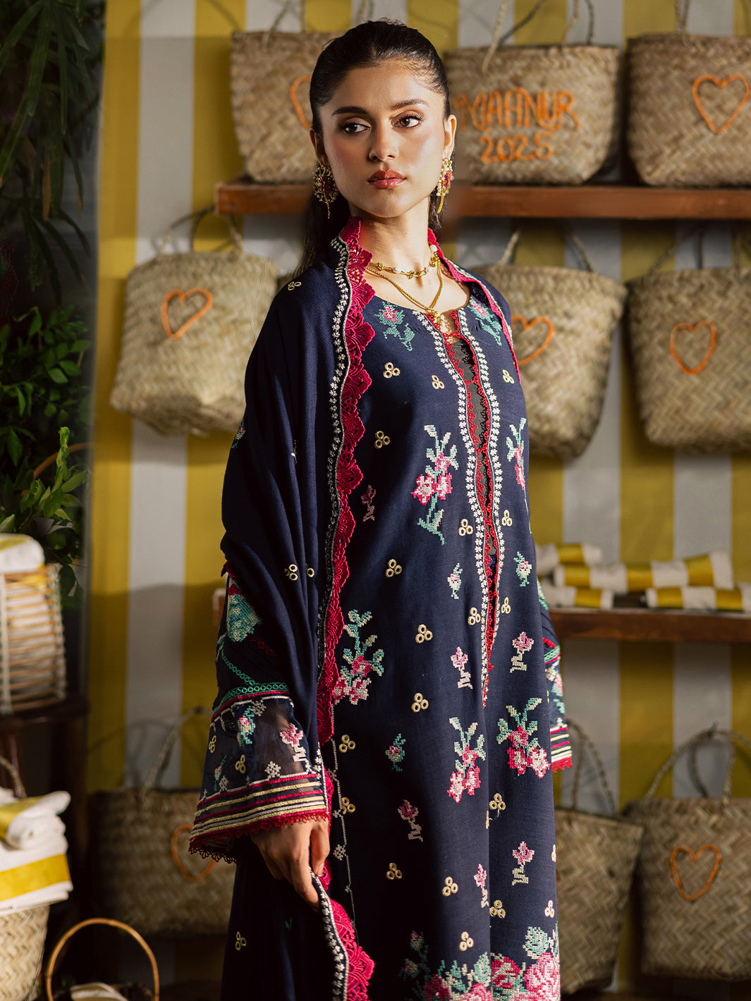MAHNUR-3PC DHANAK EMBROIDERED SHIRT WITH DHANAK EMBROIDERED SHAWL AND EMB TROUSER-BIC-5231