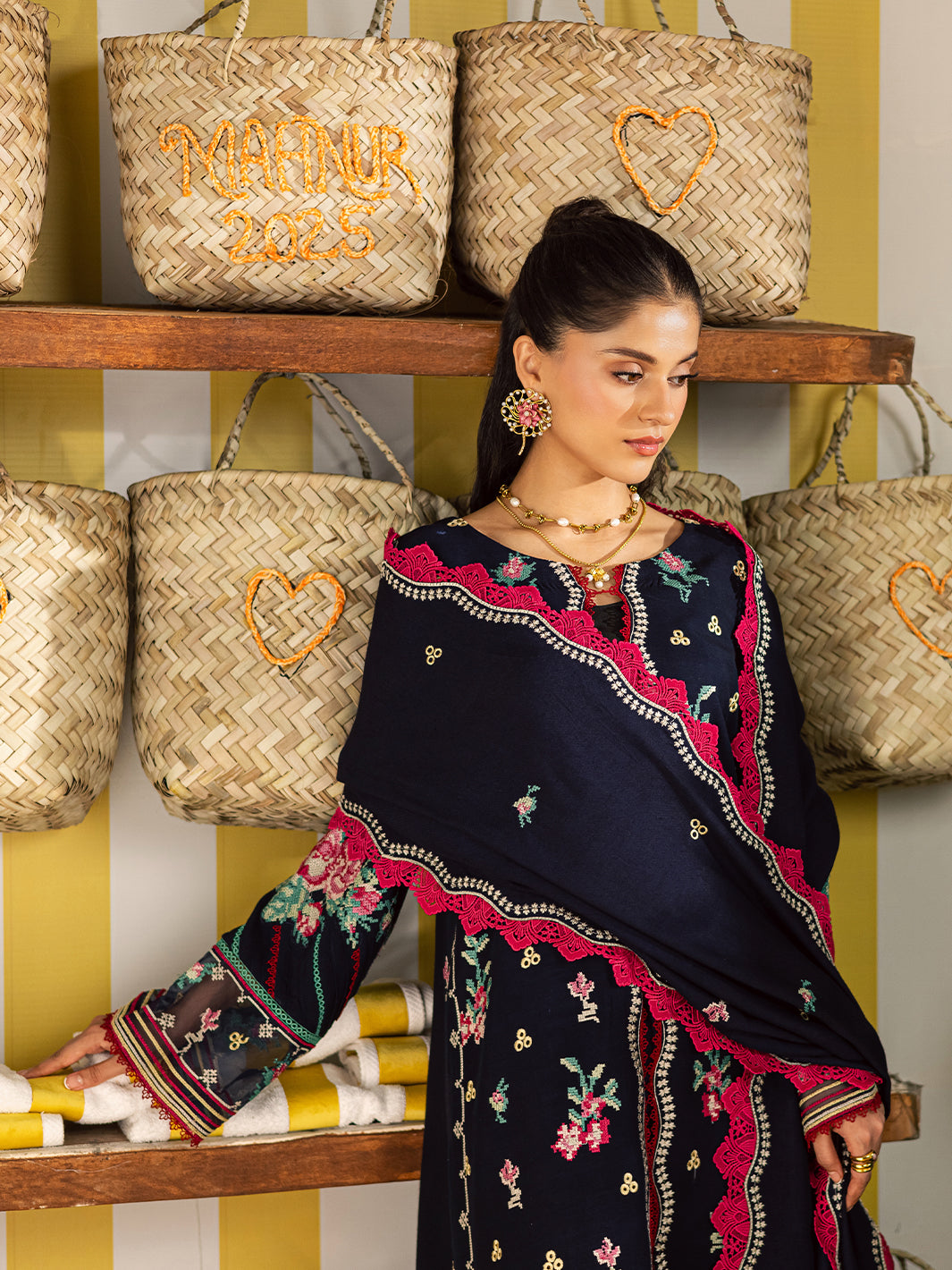 MAHNUR-3PC DHANAK EMBROIDERED SHIRT WITH DHANAK EMBROIDERED SHAWL AND EMB TROUSER-BIC-5231