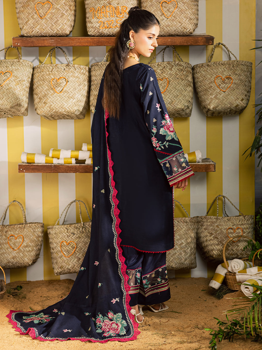 MAHNUR-3PC DHANAK EMBROIDERED SHIRT WITH DHANAK EMBROIDERED SHAWL AND EMB TROUSER-BIC-5231