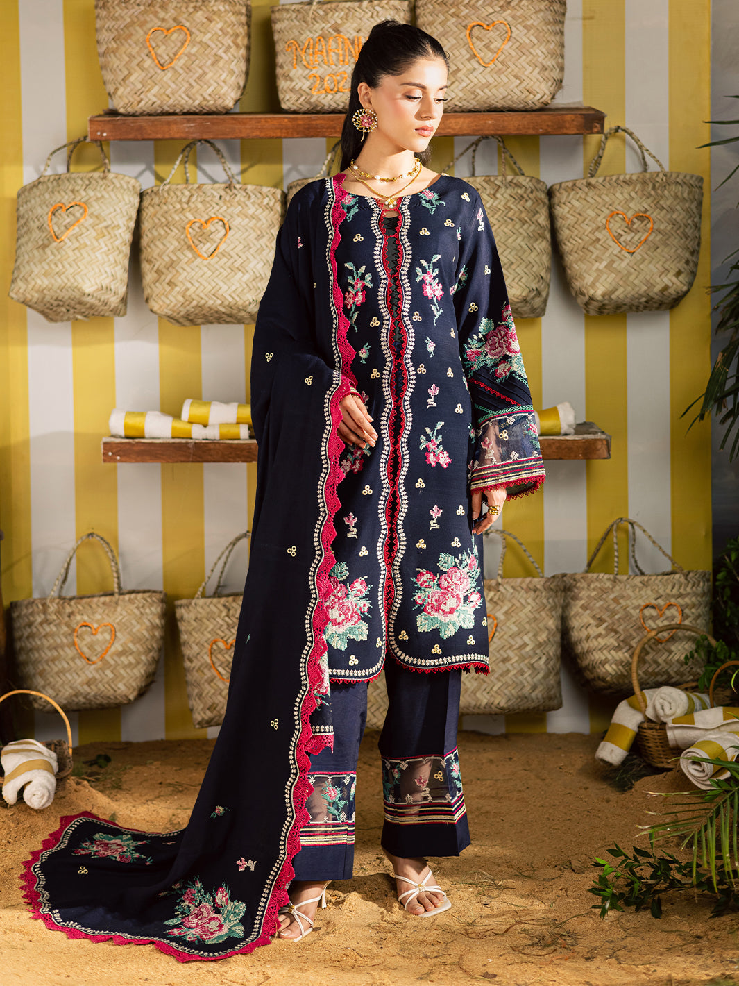 MAHNUR-3PC DHANAK EMBROIDERED SHIRT WITH DHANAK EMBROIDERED SHAWL AND EMB TROUSER-BIC-5231