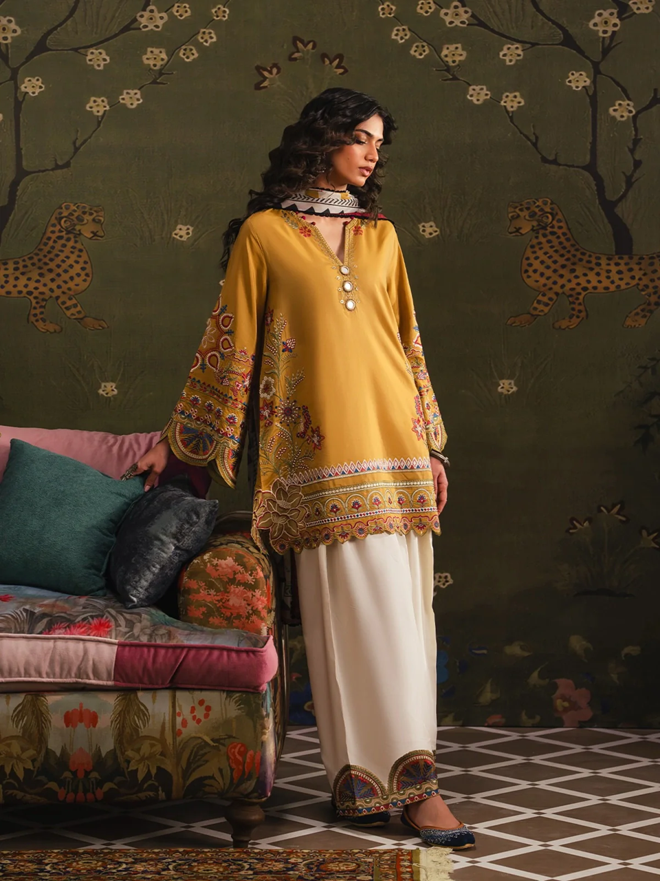ETHNC-3PC DHANAK EMBROIDERED SHIRT WITH COUTRAI PRINTED SHAWL TYE&DYE DUPATTA SHAWL AND TROUSER-BIC-5230