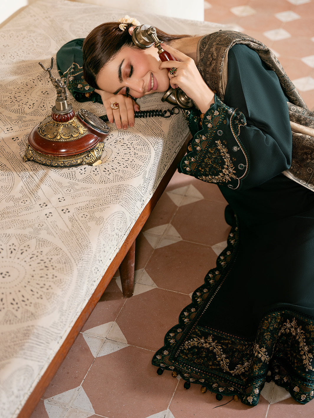 IZEL-3PC DHANAK EMBROIDERED SHIRT WITH COURTRAI WOOL PRINT SHAWL AND TROUSER-BIC-4394