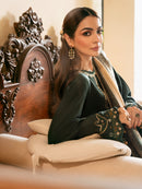 IZEL-3PC DHANAK EMBROIDERED SHIRT WITH COURTRAI WOOL PRINT SHAWL AND TROUSER-BIC-4394