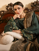 IZEL-3PC DHANAK EMBROIDERED SHIRT WITH COURTRAI WOOL PRINT SHAWL AND TROUSER-BIC-4394