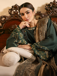 IZEL-3PC DHANAK EMBROIDERED SHIRT WITH COURTRAI WOOL PRINT SHAWL AND TROUSER-BIC-4394