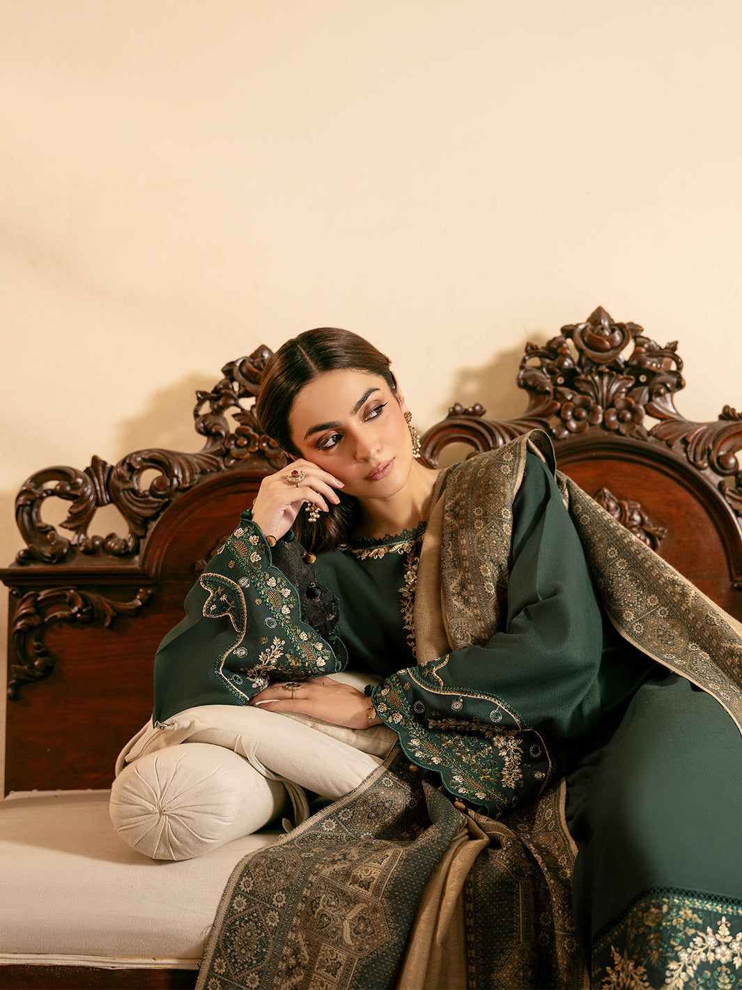 IZEL-3PC DHANAK EMBROIDERED SHIRT WITH COURTRAI WOOL PRINT SHAWL AND TROUSER-BIC-4394
