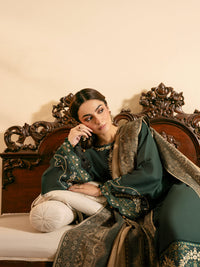IZEL-3PC DHANAK EMBROIDERED SHIRT WITH COURTRAI WOOL PRINT SHAWL AND TROUSER-BIC-4394