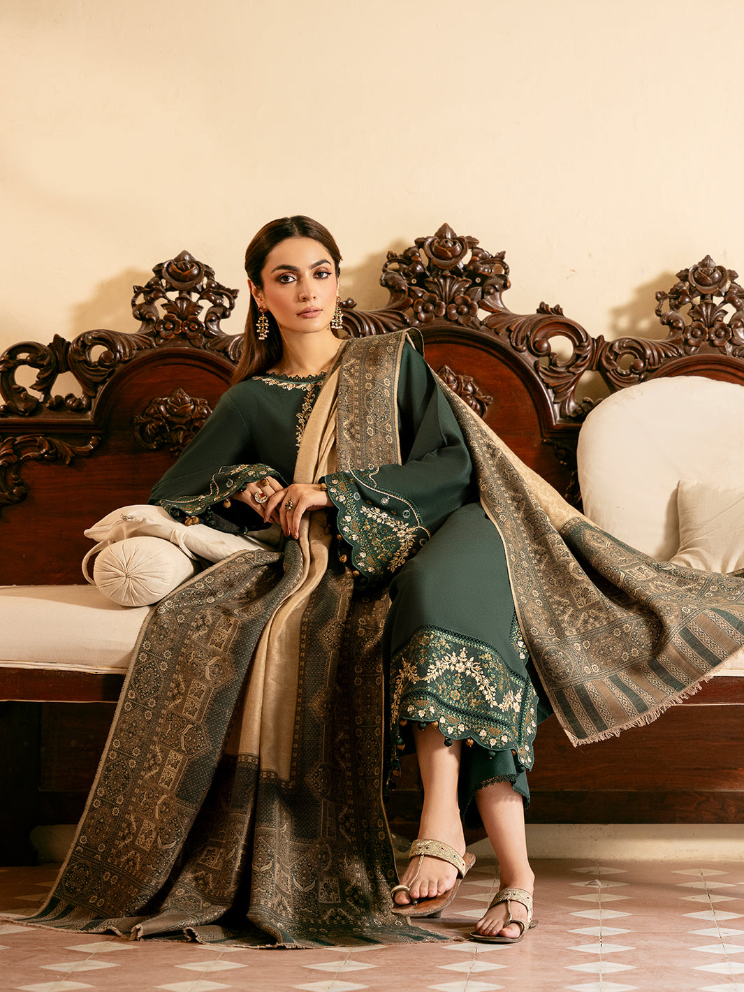 IZEL-3PC DHANAK EMBROIDERED SHIRT WITH COURTRAI WOOL PRINT SHAWL AND TROUSER-BIC-4394