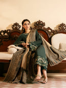 IZEL-3PC DHANAK EMBROIDERED SHIRT WITH COURTRAI WOOL PRINT SHAWL AND TROUSER-BIC-4394