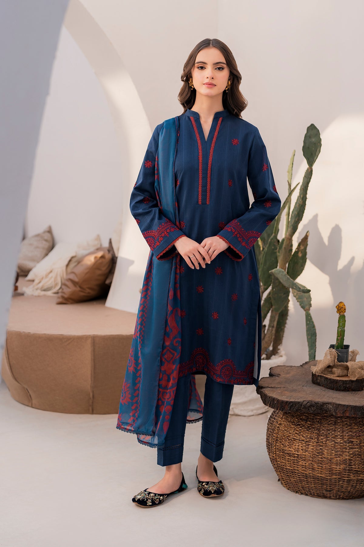 JAZMIN-3PC DHANAK EMBROIDERED SHIRT WITH COURTRAI PRINTED SHAWL & TROUSER-BIC-4058