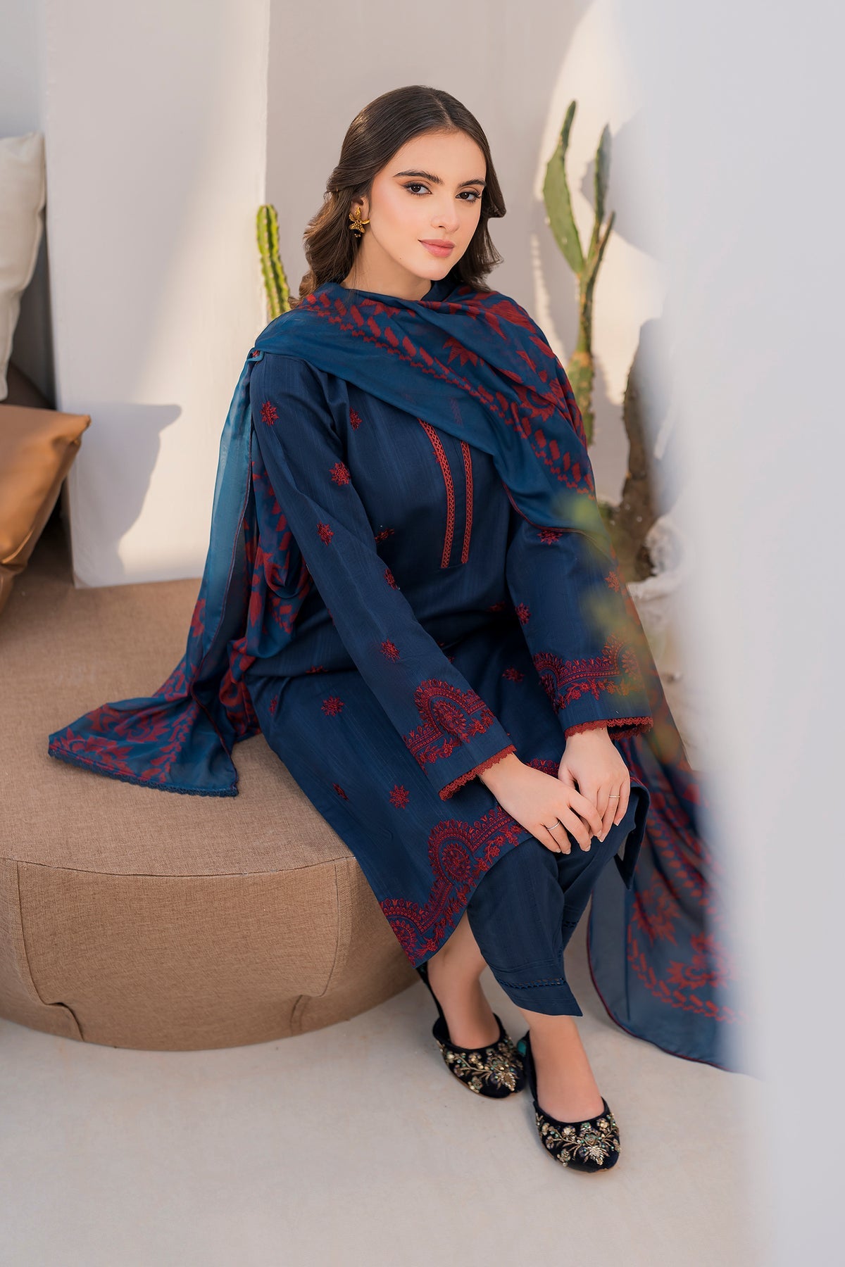 JAZMIN-3PC DHANAK EMBROIDERED SHIRT WITH COURTRAI PRINTED SHAWL & TROUSER-BIC-4058