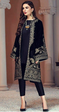 BAROUQUE-2PC VELVET EMBROIDERED SHIRT WITH VELVET EMBROIDERED SLEEVES AND SILK TROUSER -BIC-D-11