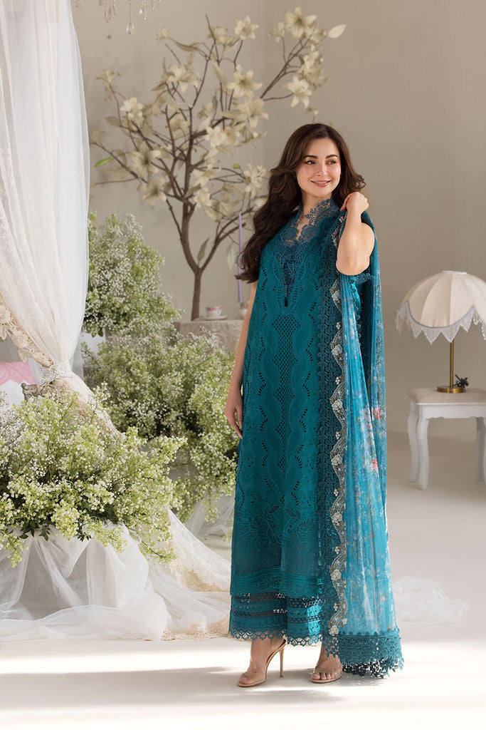 SOBIA NAZIR-3PC LAWN LASERCUT EMBROIDERED SHIRT WITH COTTON NET PRINT DUPATTA AND TROUSER BIC-3699