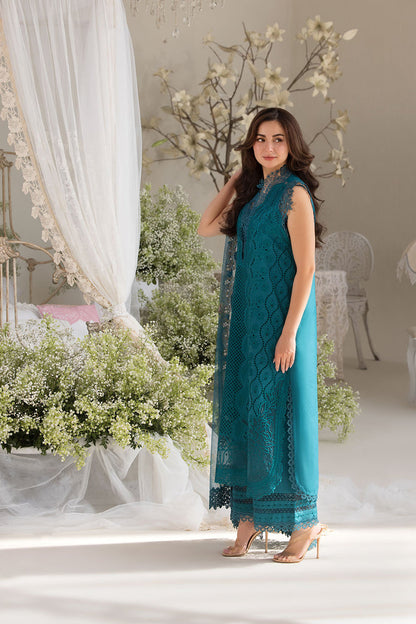 SOBIA NAZIR-3PC LAWN LASERCUT EMBROIDERED SHIRT WITH COTTON NET PRINT DUPATTA AND TROUSER BIC-3699