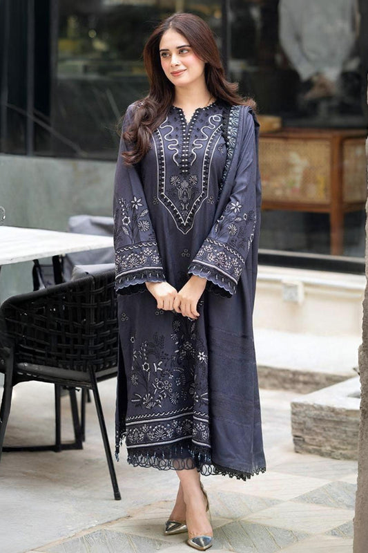 LIBAAS-3PC DHANAK EMBROIDERED SHIRT WITH DHANAK EMBROIDERED SHAWL & TROUSER-BIC-4223
