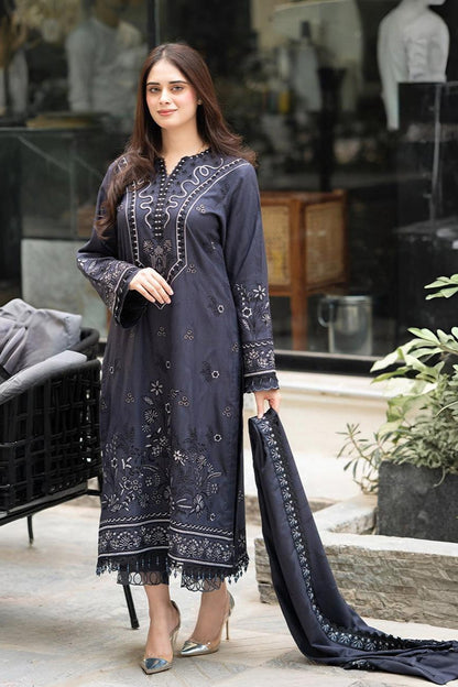 LIBAAS-3PC DHANAK EMBROIDERED SHIRT WITH DHANAK EMBROIDERED SHAWL & TROUSER-BIC-4223