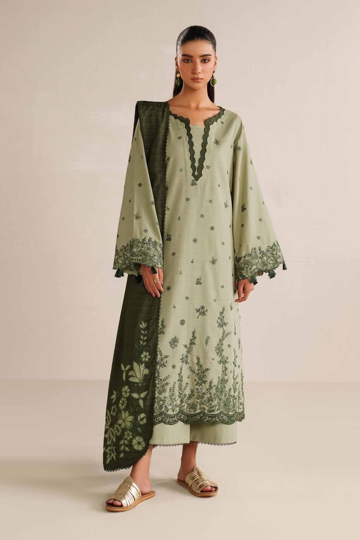 IZNIK-3PC DHANAK EMBROIDERED SHIRT DHANAK EMBROIDERED SHAWL AND TROUSER-BIC-5184