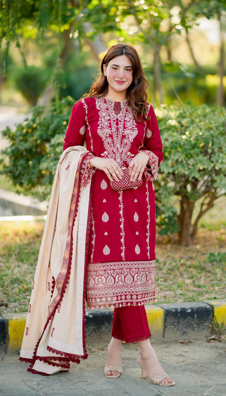 HANA- 3PC DHANAK EMBROIDERED SHIRT WITH COUTURE PRINT SHAWL AND TROUSER-BIC- 3153