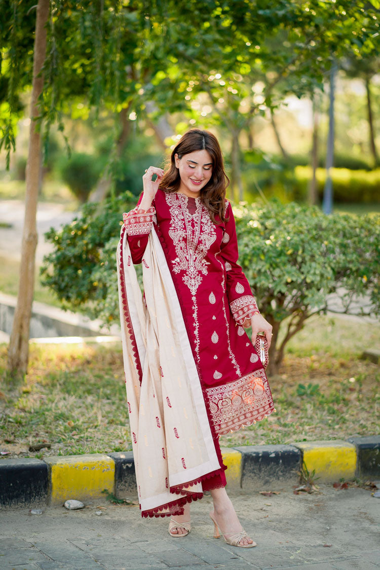 HANA- 3PC DHANAK EMBROIDERED SHIRT WITH COUTURE PRINT SHAWL AND TROUSER-BIC- 3153