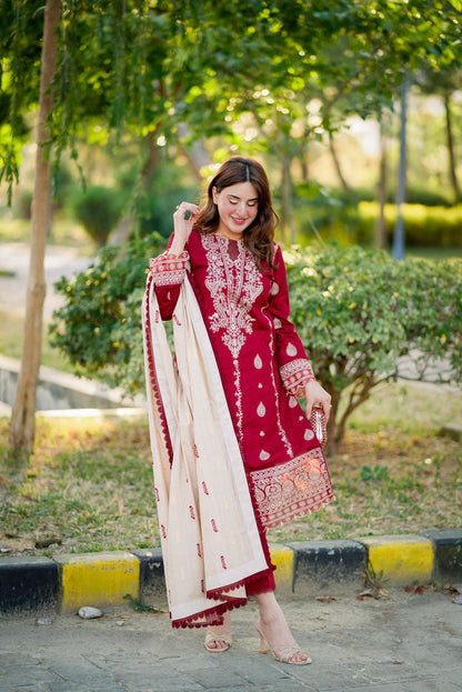 HANA- 3PC DHANAK EMBROIDERED SHIRT WITH COUTURE PRINT SHAWL AND TROUSER-BIC- 3153