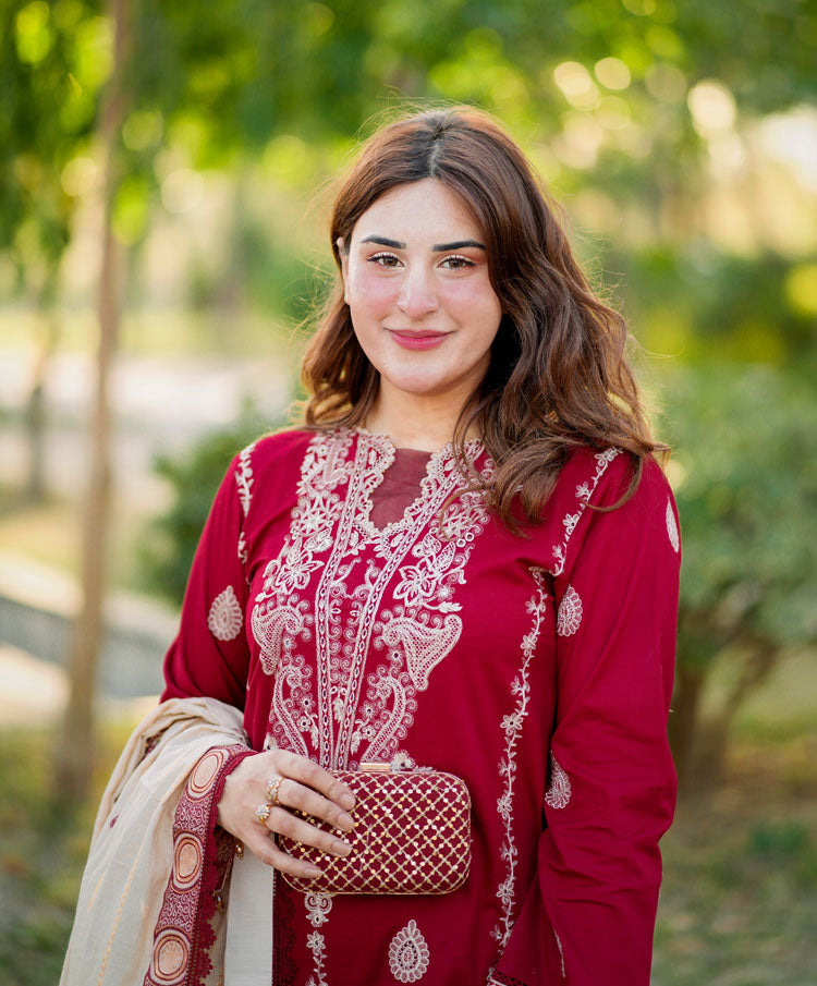 HANA- 3PC DHANAK EMBROIDERED SHIRT WITH COUTURE PRINT SHAWL AND TROUSER-BIC- 3153