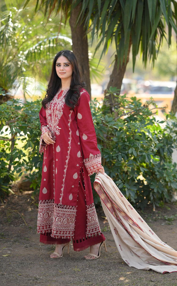 HANA- 3PC DHANAK EMBROIDERED SHIRT WITH COUTURE PRINT SHAWL AND TROUSER-BIC- 3153