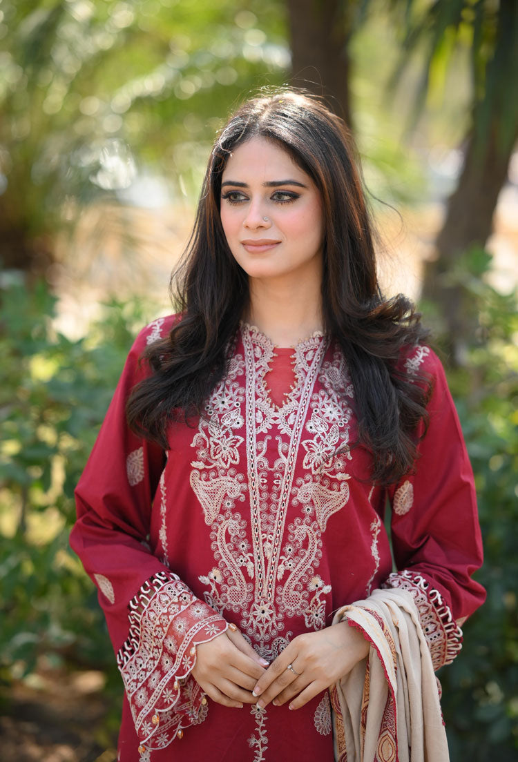 HANA- 3PC DHANAK EMBROIDERED SHIRT WITH COUTURE PRINT SHAWL AND TROUSER-BIC- 3153