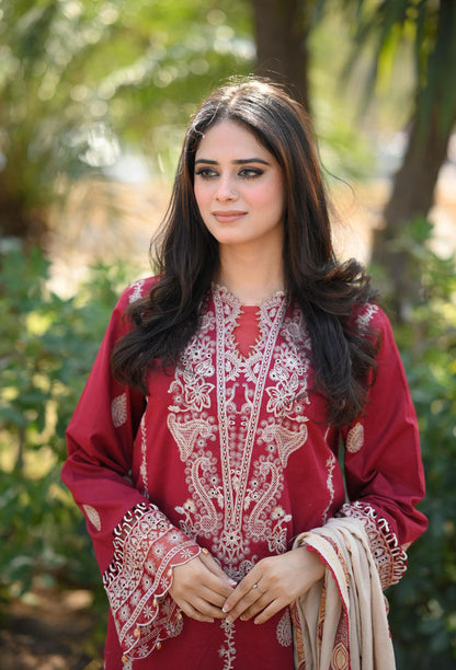 HANA- 3PC DHANAK EMBROIDERED SHIRT WITH COUTURE PRINT SHAWL AND TROUSER-BIC- 3153