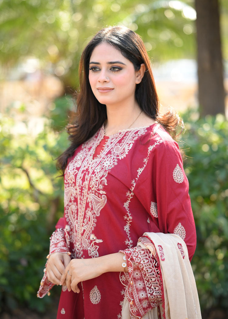 HANA- 3PC DHANAK EMBROIDERED SHIRT WITH COUTURE PRINT SHAWL AND TROUSER-BIC- 3153