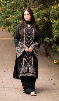 LIBAAS-3PC DHANAK EMBROIDERED SHIRT WITH DHANAK EMBROIDERED SHAWL & TROUSER-BIC-4346
