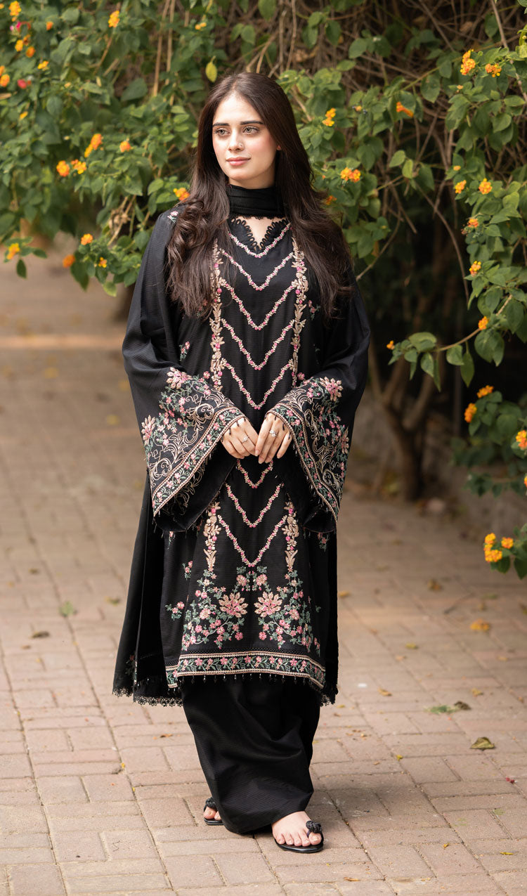 LIBAAS-3PC DHANAK EMBROIDERED SHIRT WITH DHANAK EMBROIDERED SHAWL & TROUSER-BIC-4346