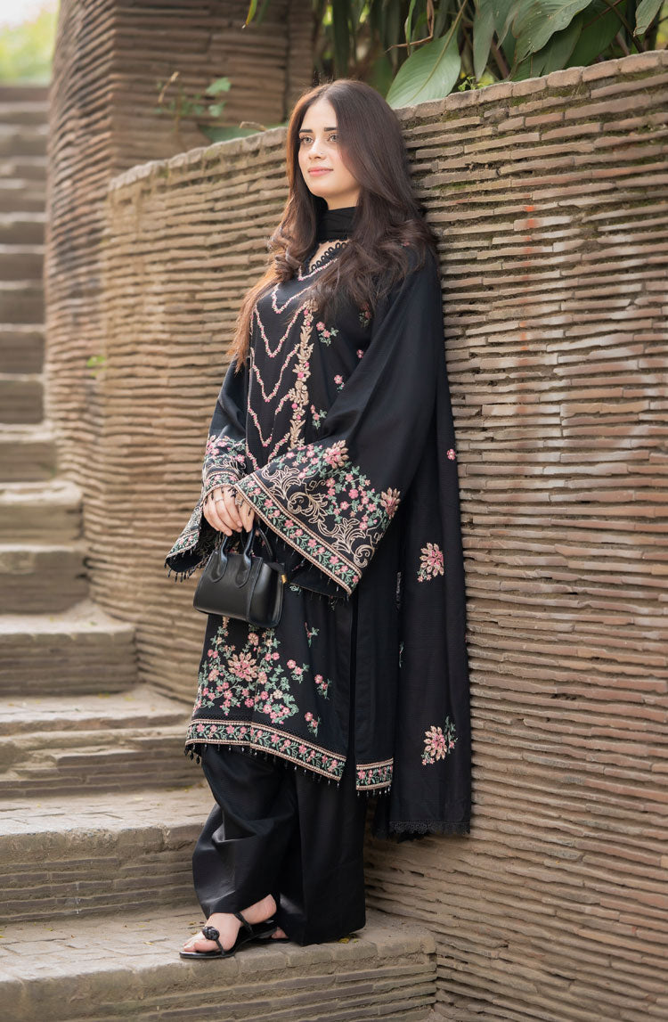 LIBAAS-3PC DHANAK EMBROIDERED SHIRT WITH DHANAK EMBROIDERED SHAWL & TROUSER-BIC-4346