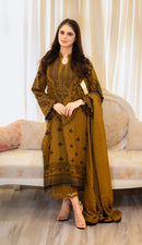 LIBAAS-3PC DHANAK EMBROIDERED SHIRT WITH DHANAK EMBROIDERED SHAWL & EMB TROUSER-BIC-4183