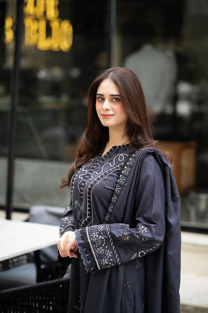 LIBAAS-3PC DHANAK EMBROIDERED SHIRT WITH DHANAK EMBROIDERED SHAWL & TROUSER-BIC-4223