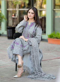 LIBAAS-3PC DHANAK EMBROIDERED SHIRT WITH CHIFFON EMBROIDERED DUPATTA AND TROUSER BIC-4069