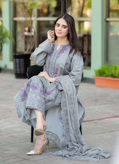 LIBAAS-3PC DHANAK EMBROIDERED SHIRT WITH CHIFFON EMBROIDERED DUPATTA AND TROUSER BIC-4069