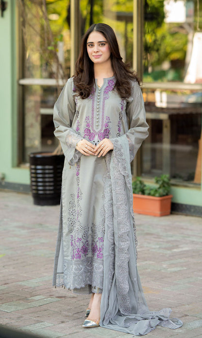 LIBAAS-3PC DHANAK EMBROIDERED SHIRT WITH CHIFFON EMBROIDERED DUPATTA AND TROUSER BIC-4069