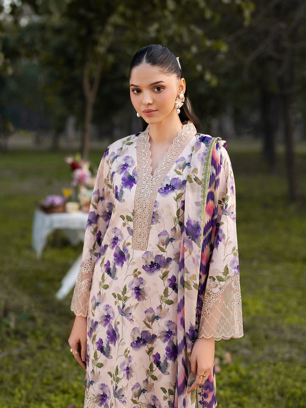 GARNET-3PC LAWN PRINTED EMB SHIRT WITH SILK PRINTED DUPATTA AND PRINTED TROUSER-BIC-045