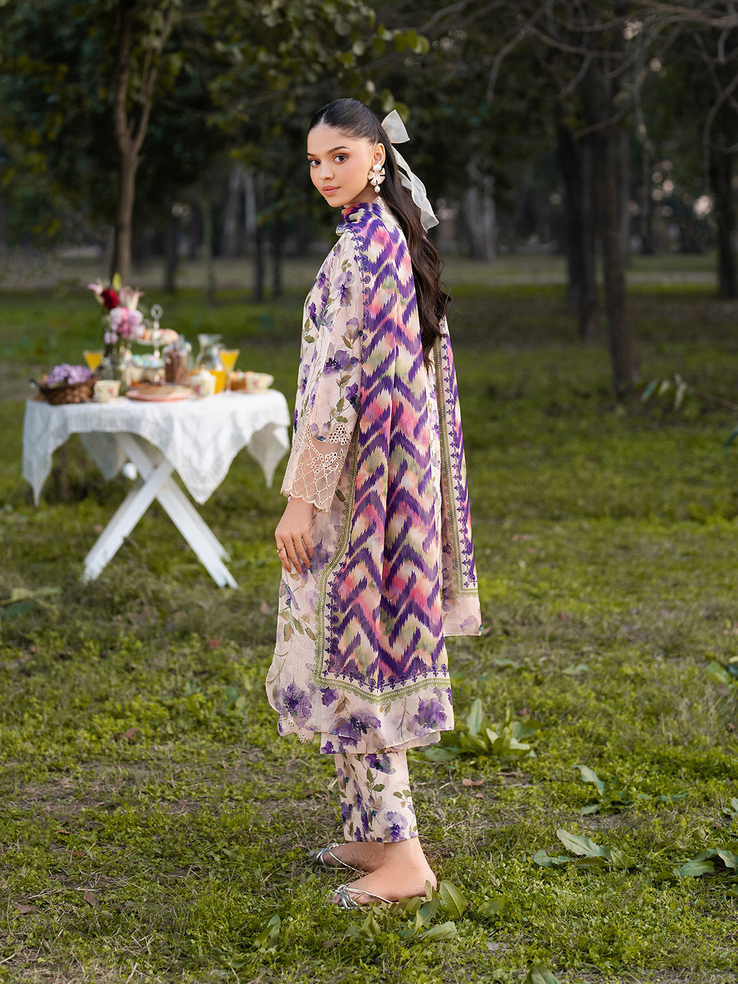 GARNET-3PC LAWN PRINTED EMB SHIRT WITH SILK PRINTED DUPATTA AND PRINTED TROUSER-BIC-045